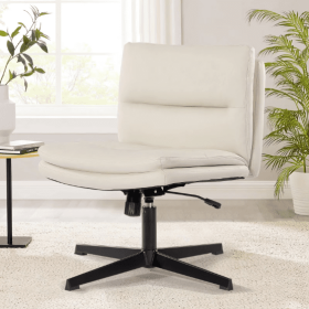 Leather Armless Desk Chair Without Wheels, Home Office Chair, Wide Upholstered Rotating Dressing Chair